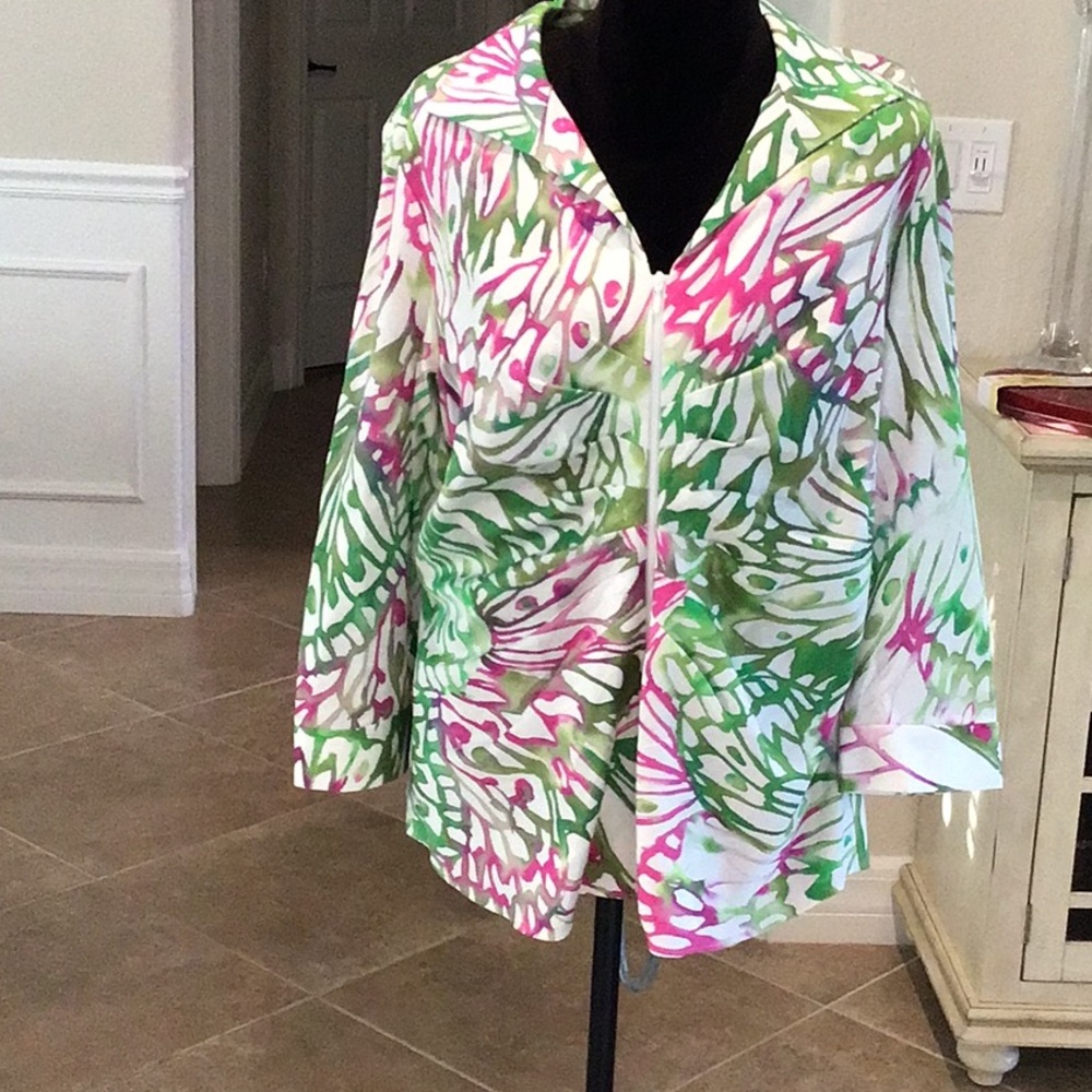 Lafayette 148 NY 3/4 sleeve zip front top, pink/green/white, size 16